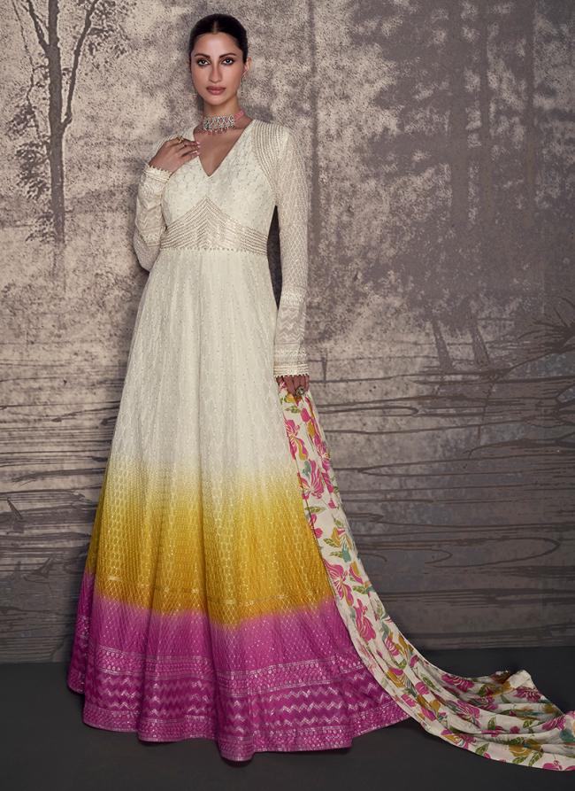 Georgette  White Party Wear Embroidery Work Readymade Gown With Dupatta